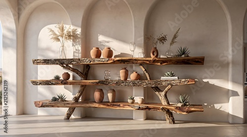 Rustic Live Edge Wood Shelving Unit with Decorative Objects in Sunlit Room.