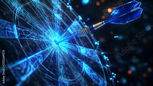 Dart hitting bullseye with shattered glass effect digital illustration