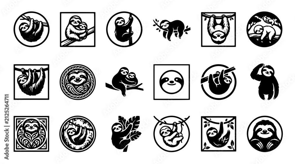 Fototapeta premium Set of black and white sloth icons in various poses and frames for wildlife design elements, minimalist vector illustrations of cute sloths hanging on branches and sitting for creative projects