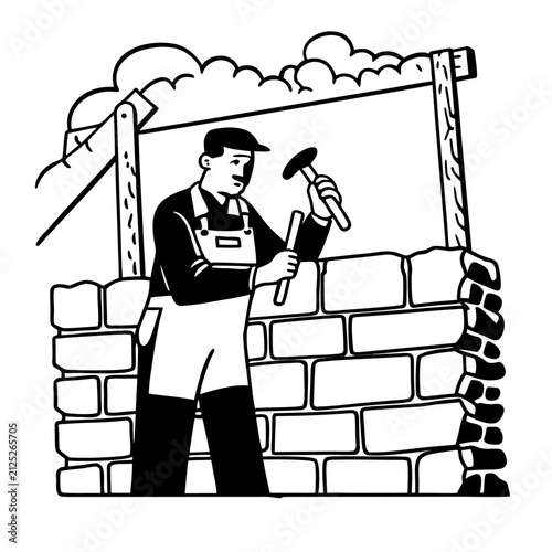 Mason working diligently on a stone wall construction with a focused expression