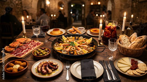 Elegant Christmas Dinner Table Setting with Candles Featuring Gourmet Holiday Meal Fresh Salad Seafood Fish Meat Vegetables Glassware Buffet Banquet Catering Restaurant Style Celebration