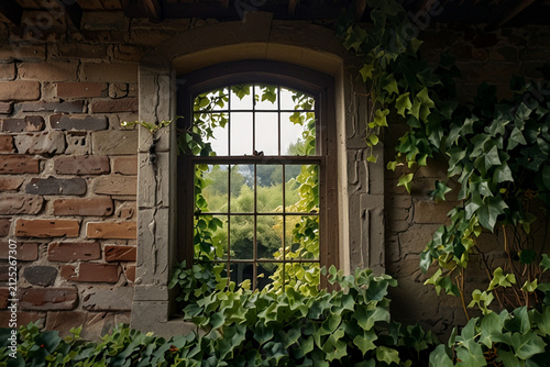 Stone window frame viewed from inside showing green foliage climbing brick wall outdoors on a sunny day in historic european garden setting.