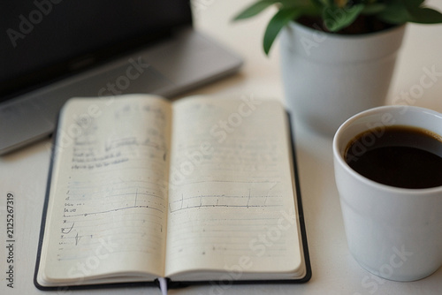 Open notebook with handwritten notes sitting on white office desk near laptop computer and potted plant with black coffee cup nearby morning.