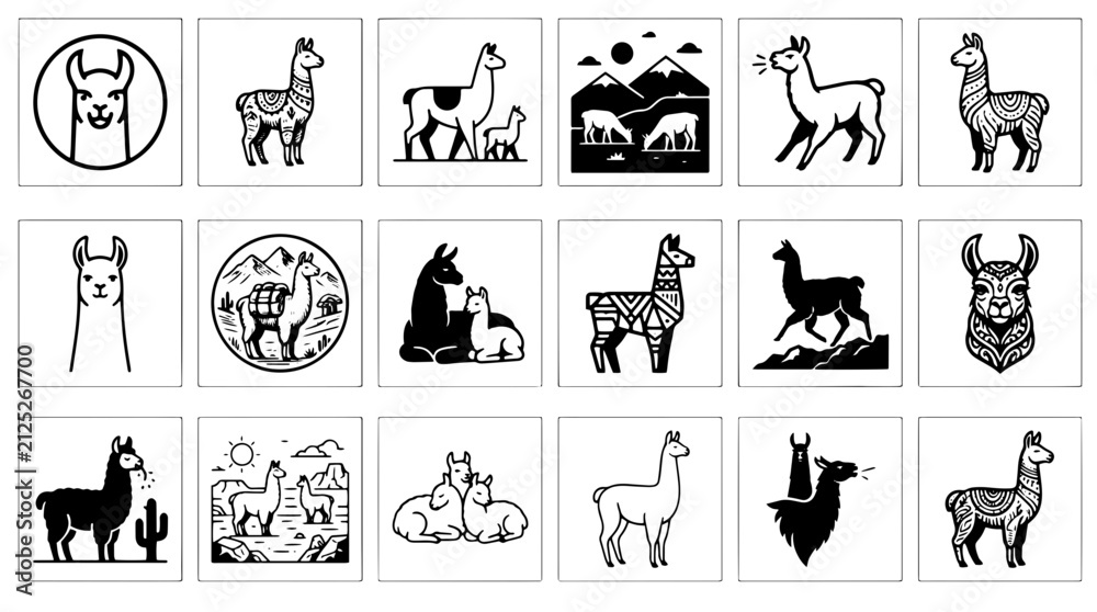 Naklejka premium Llama icon set in black and white minimalist style featuring various poses and patterns for graphic design and branding projects isolated on transparent background