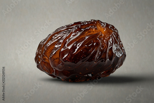 Single dried sweet date fruit isolated against plain grey background showcasing glossy textured skin and natural organic healthy food ingredient.