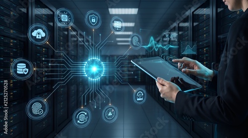 IT administrator monitoring data center network with futuristic holographic interface representing cloud infrastructure management
