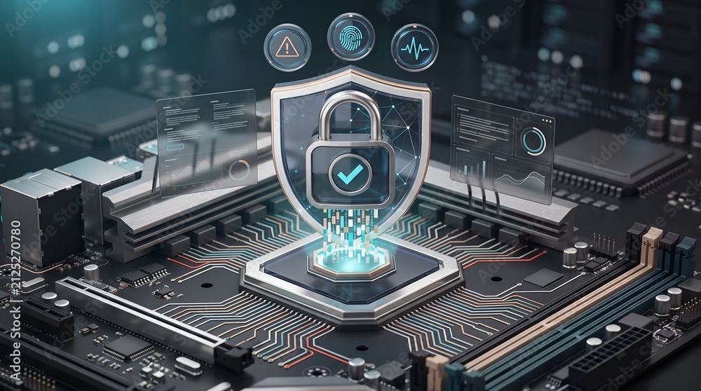 Fototapeta premium Zero trust architecture and firmware protection concept featuring glowing digital shield and padlock on cpu processor within advanced enterprise server.