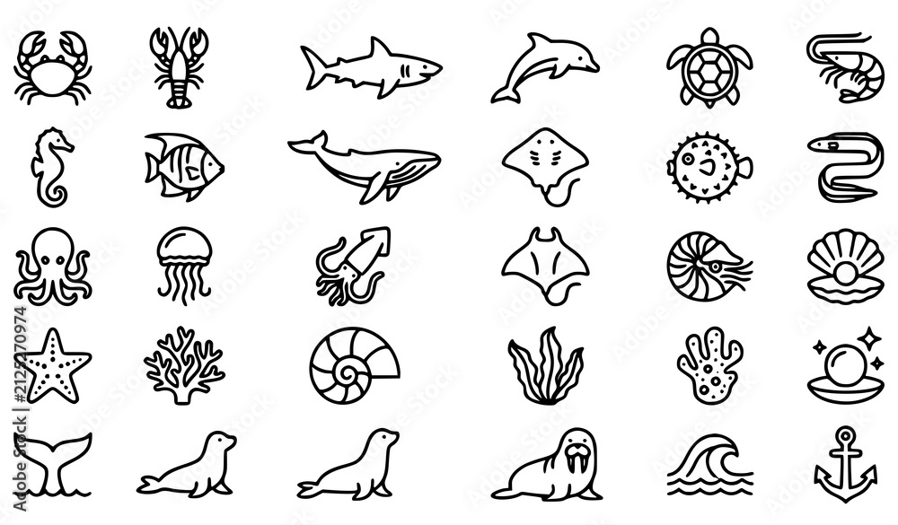 Fototapeta premium Marine Animals Line Icon Set with Ocean Sea Life Outline Vector Collection