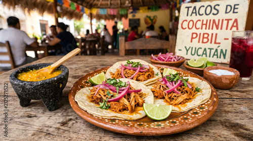 cochinita pibil tacos with salsa and lime