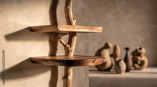 Rustic wooden shelf unit with natural branches and decorative objects.