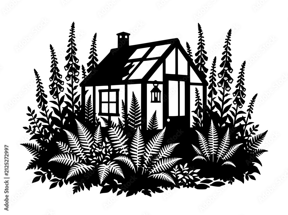 Naklejka premium Black and White Greenhouse Silhouette Surrounded by Ferns and Foxgloves