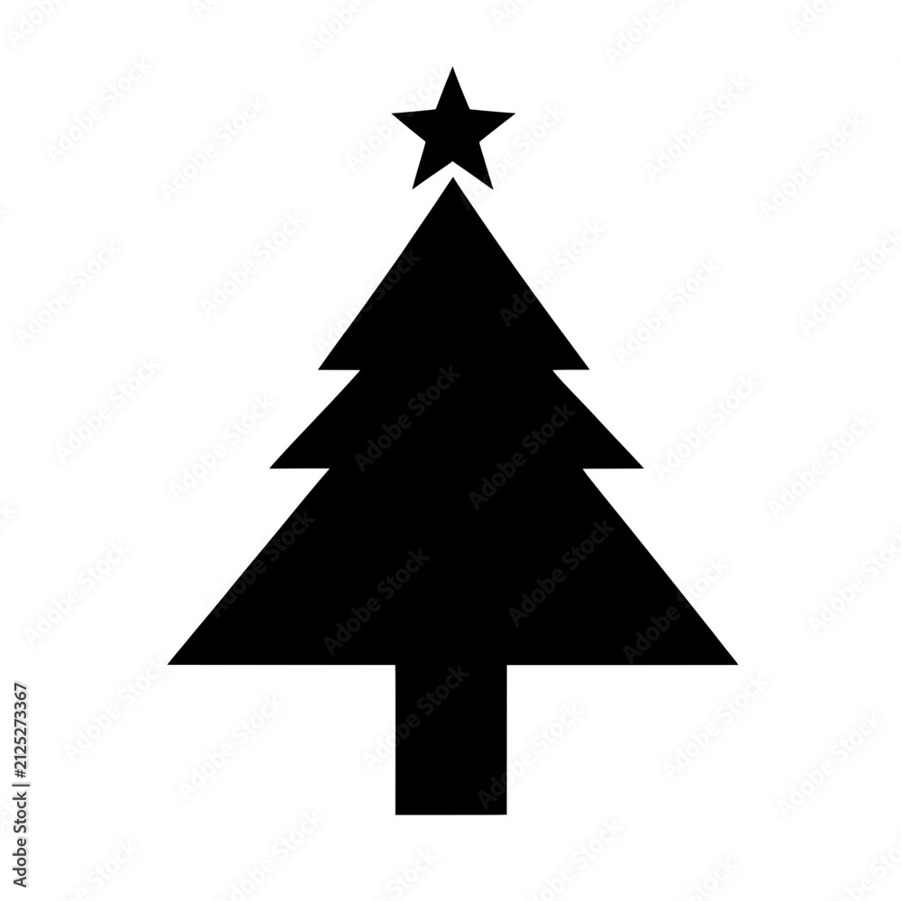 Obraz premium Minimal black Christmas tree silhouette with a star on top isolated on white background for holiday decorations, greeting cards, and festive seasonal designs