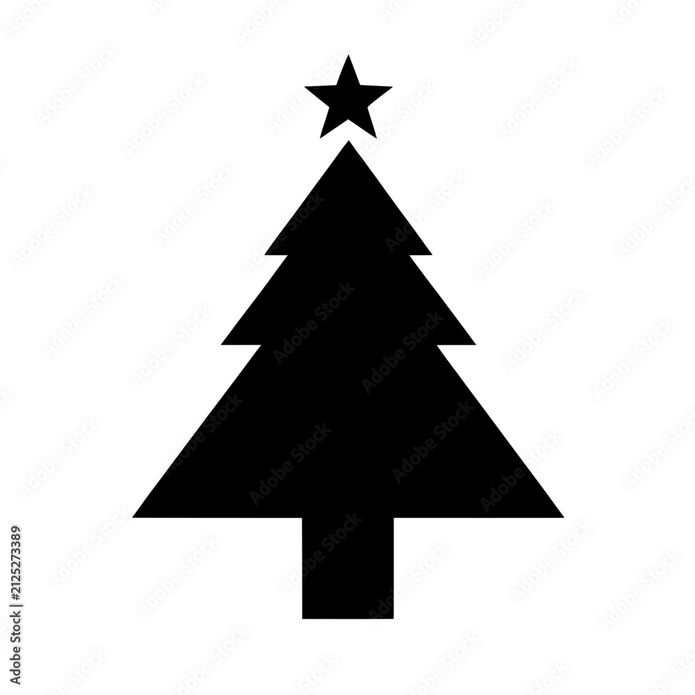 Obraz premium Minimal black Christmas tree silhouette with a star on top isolated on white background for holiday decorations, greeting cards, festive graphics, and seasonal designs