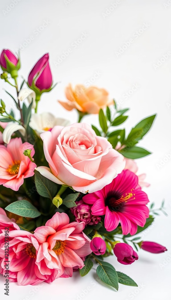 Fototapeta premium Floral arrangement featuring pink rose and eustoma flowers against a white background, floral arrangement, sophisticated