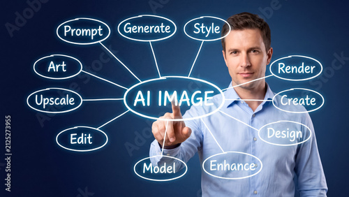 Businessman pointing at AI image mind map showing artificial intelligence prompt engineering workflow