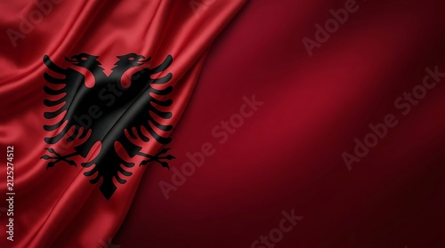 Albania flag background. Waving Albanian banner with double headed eagle emblem.