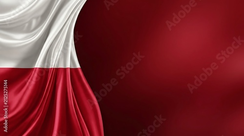 Poland flag background. Waving Polish banner with copy space for national celebration.