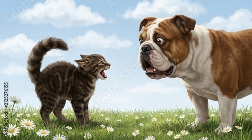 Fierce Kitten Confronts Surprised Bulldog in Grassy Field.