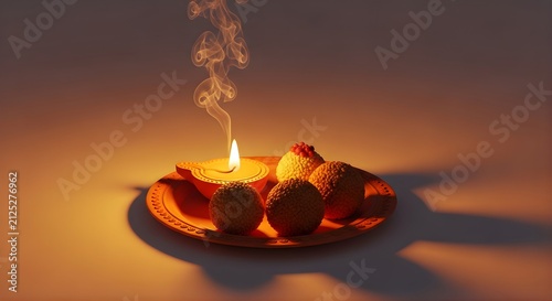 Glowing Diya Lamp with Traditional Indian Sweets