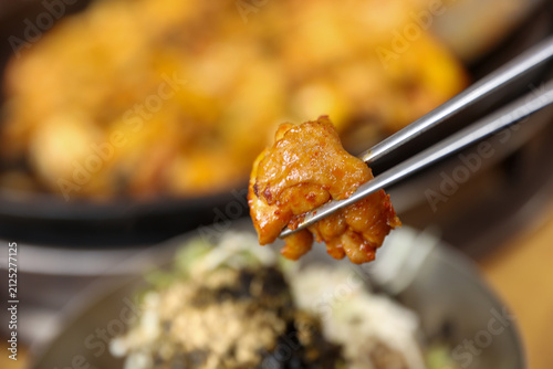 Spicy Korean Chicken Stir Fry Dakgalbi with Vegetables on Iron Pan