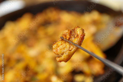Spicy Korean Chicken Stir Fry Dakgalbi with Vegetables on Iron Pan