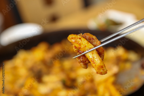 Spicy Korean Chicken Stir Fry Dakgalbi with Vegetables on Iron Pan