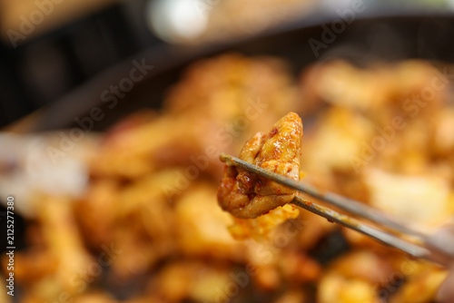 Spicy Korean Chicken Stir Fry Dakgalbi with Vegetables on Iron Pan