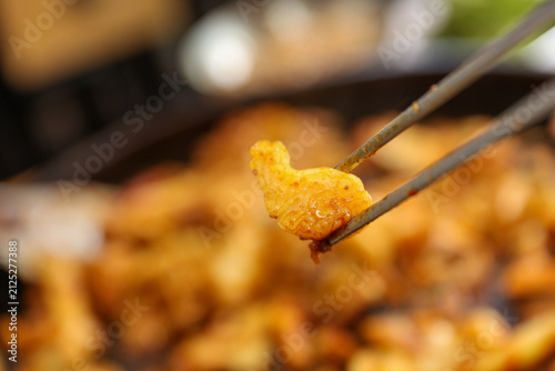 Spicy Korean Chicken Stir Fry Dakgalbi with Vegetables on Iron Pan
