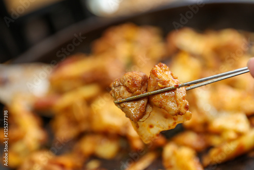 Spicy Korean Chicken Stir Fry Dakgalbi with Vegetables on Iron Pan