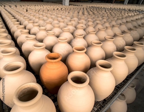 Rows of Unfired Ceramic Jars: An orderly arrangement of numerous unfired ceramic jars, with a single distinct terracotta-colored jar standing out amidst the pale, earthy tones.