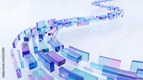 Abstract path of translucent blue and purple glass rectangular blocks flowing in a curve