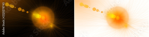 Abstract lens flare light effects exploding outwards with bright orange glow and bokeh circles over dark background creating cosmic feel.
