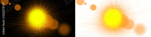 Sun flare lens effect with golden light rays and warm orange bokeh circles on transparent and black background for design.