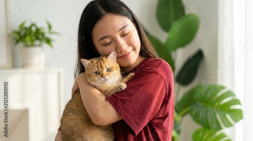 Young Asian woman affectionately hugging her golden cat indoors with plants in background.