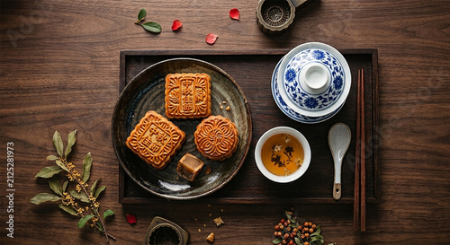 Aesthetic Mid-Autumn Festival Food Photography with Traditional Mooncakes and Tea Service on Rustic Wood.