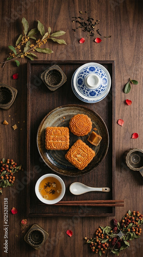 Aesthetic Mid-Autumn Festival Food Photography with Traditional Mooncakes and Tea Service on Rustic Wood.