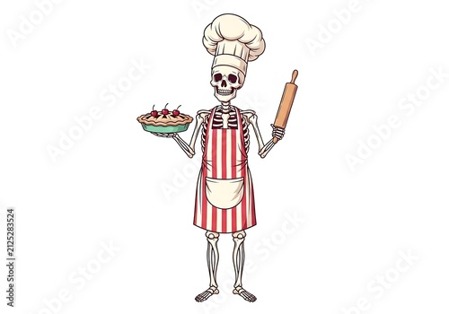 Skeleton Chef in Striped Apron Holding Freshly Baked Cherry Pie and Rolling Pin
