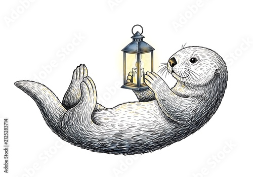 Whimsical Illustration of a Sea Otter Floating on its Back Holding a Lit Lantern