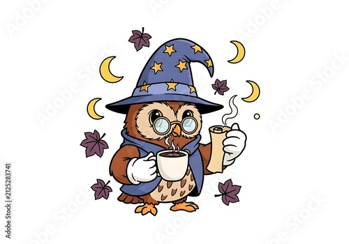 Whimsical Cartoon Owl Wizard with Coffee Mug and Magic Scroll