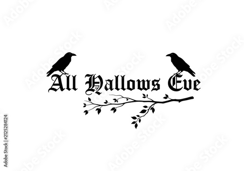 All Hallows Eve Halloween Graphic with Raven Silhouettes and Gothic Typography