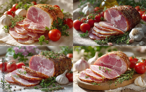Sliced ​​ham is arranged on a table, surrounded by fresh herbs; white marbling is clearly visible on the meat slices, with tomatoes nearby and garlic in front. The illustration is rendered in t