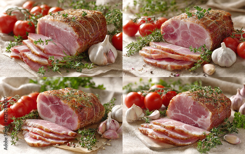 Sliced ​​ham is arranged on a table, surrounded by fresh herbs; white marbling is clearly visible on the meat slices, with tomatoes nearby and garlic in front. The illustration is rendered in t