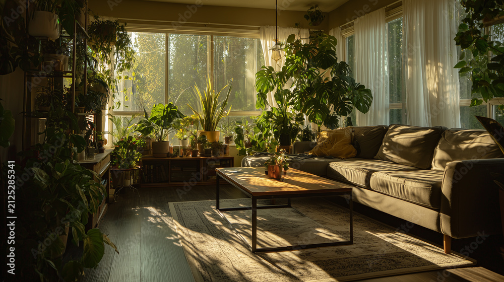 Fototapeta premium Modern Rustic Living Room Filled with Tropical Houseplants