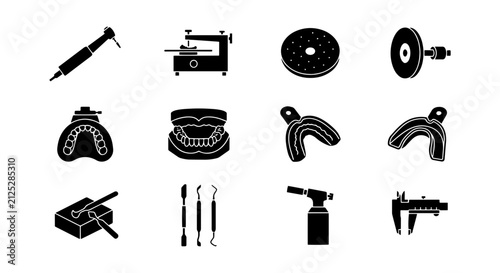 Foto Dental Lab Equipment Icons, Dentist Tools Vector Set, Oral Care Instruments Coll