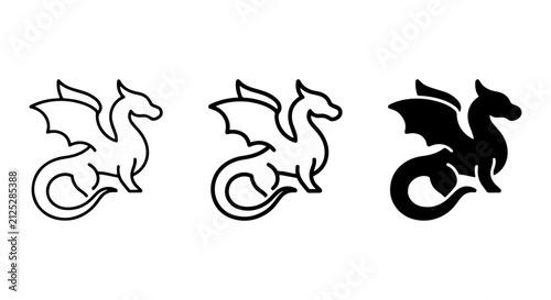 Mythical Dragon Icons Set, Fantasy Creature Vector Graphics, Outline and Silhouette Styles