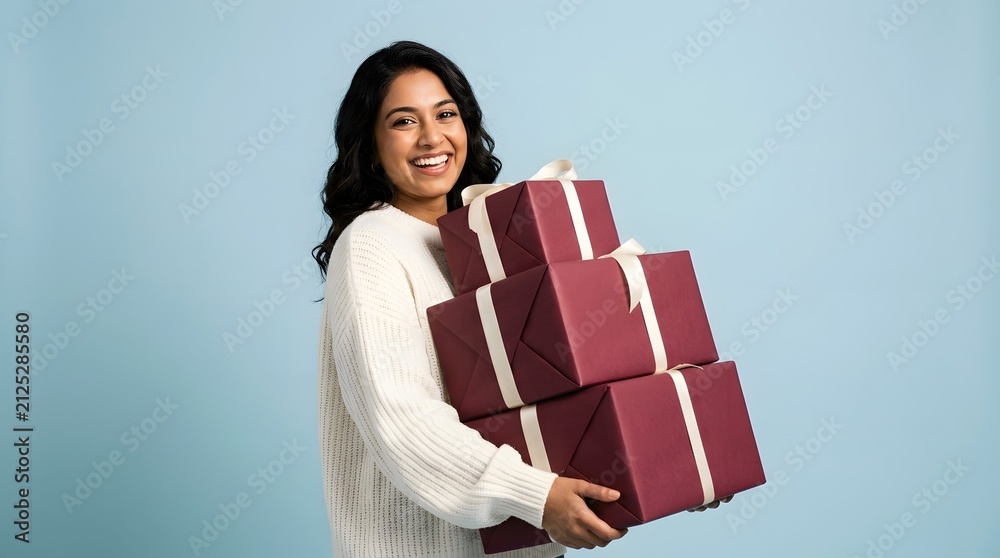 Obraz premium Cheerful person holding a Christmas gift in a festive studio portrait highlighting modern lifestyle