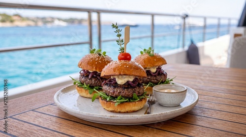 Three beef sliders on a boat deck with dipping sauce