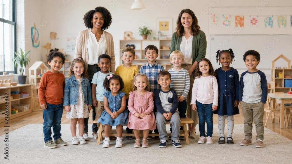 Obraz premium Diverse Preschool Class Smiling with Two Teachers in a Modern Classroom