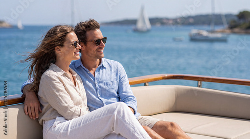 Couple relaxing on a yacht with sea and sailboats in the background