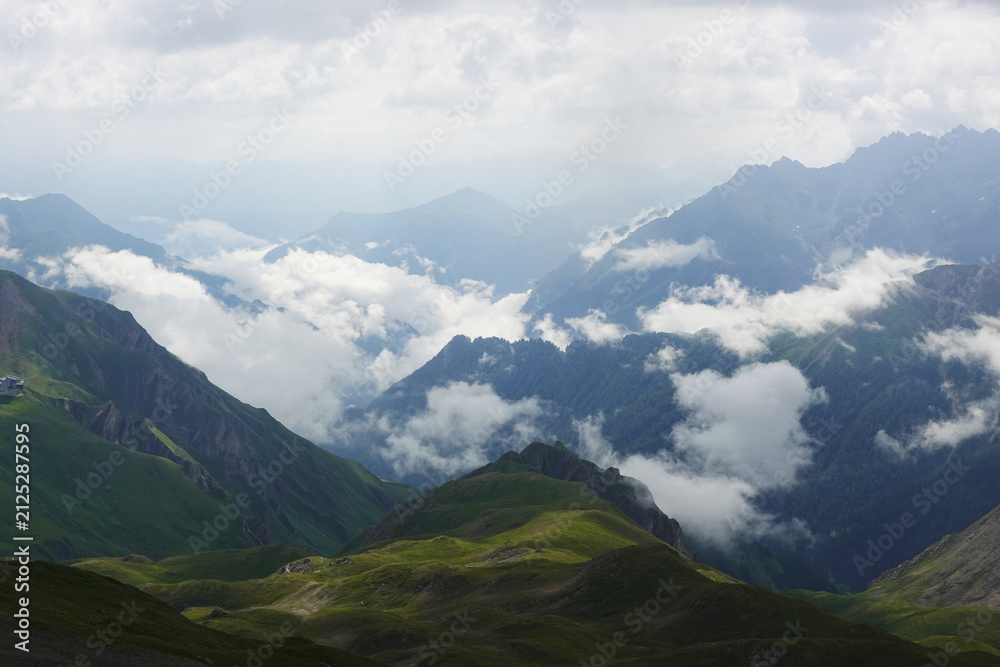 Fototapeta premium The view of the valley from Salaaser Kopf mountain, the border between Austria and Switzerland